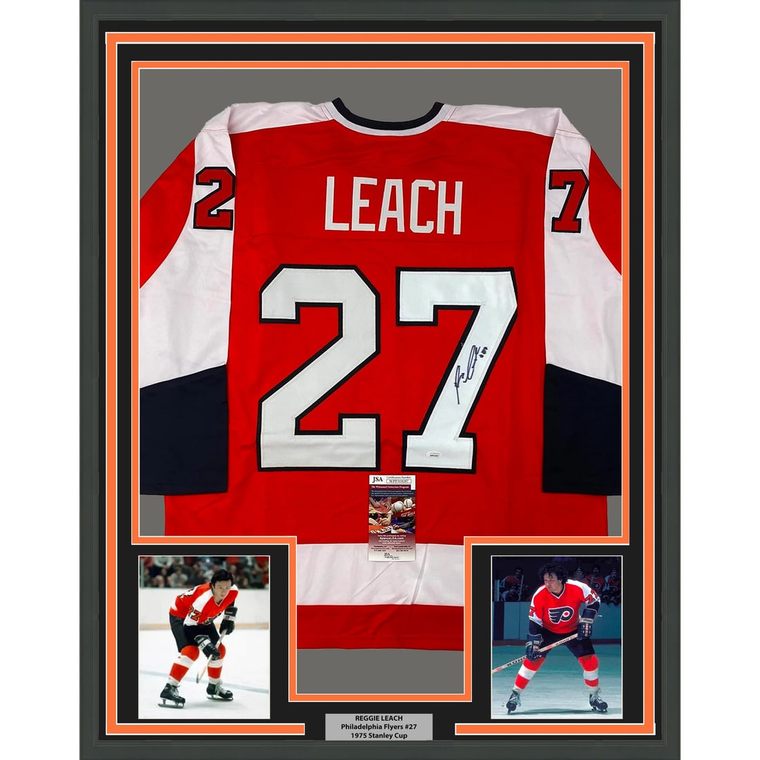 Framed Autographed Reggie Leach Philadelphia Flyers Jersey with JSA COA: Framed Autographed Reggie Leach Philadelphia Flyers Jersey with JSA COA This professionally framed and matted display features an authentic autographed Philadelphia Flyers jersey by Reggie Leach. The 