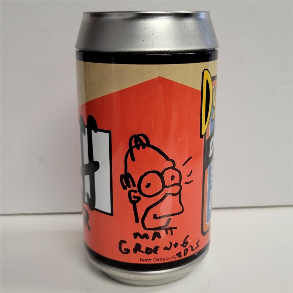 Matt Groening Signed Homer Simpson Sketch Duff Dice Game JSA Authenticated: Matt Groening Signed Homer Simpson Sketch Duff Dice Game JSA Authenticated This is an original sketch of Homer Simpson from the beloved show The Simpsons, signed by creator Matt Groening. The item is 