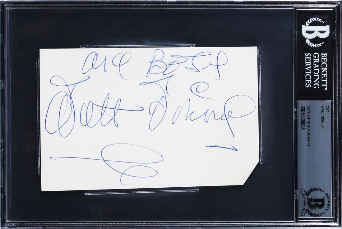 Walt Disney Autographed With Best Wishes Beckett Authenticated 3.15x6 Cut Signature: Walt Disney Autographed With Best Wishes Beckett Authenticated 3.15x6 Cut Signature This is an original 3.15 x 6 inch cut signature autographed by Walt Disney, featuring the inscription "With Best Wis
