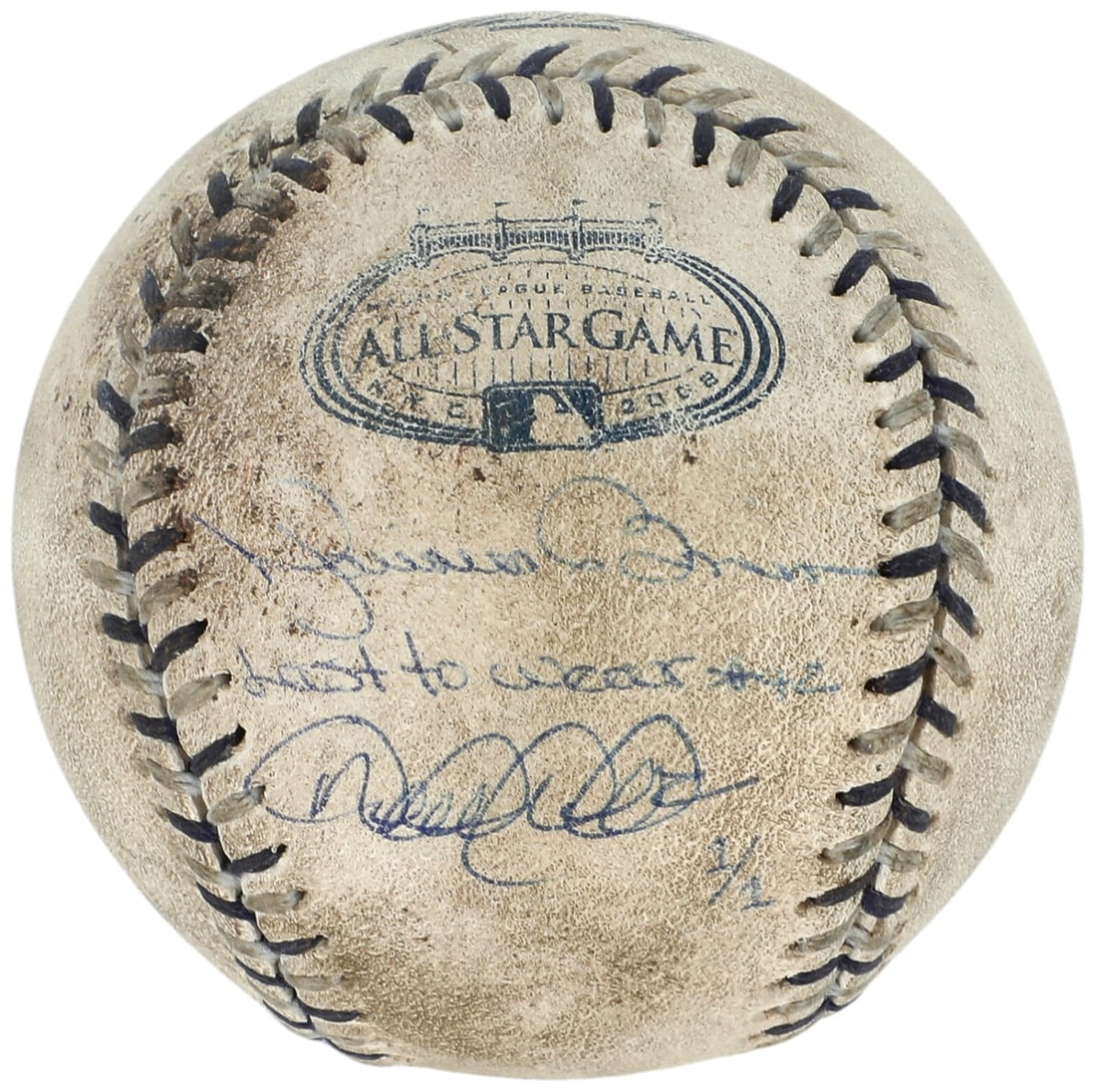 Derek Jeter Mariano Rivera Signed 2008 All Star Game Baseball 1/1 with Inscription: Derek Jeter Mariano Rivera Signed 2008 All Star Game Baseball 1/1 with Inscription Presented is an official 2008 All-Star Game baseball, limited edition (#1/1), signed by Hall of Fame teammates Marian