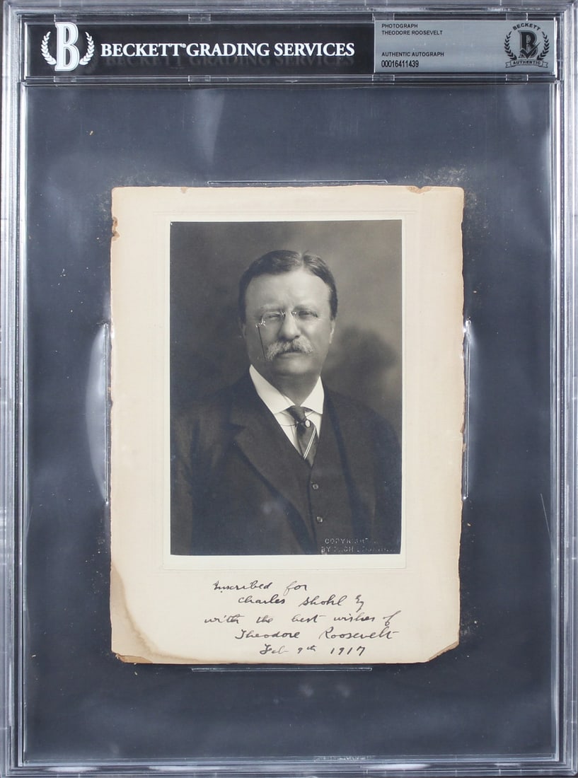Theodore Roosevelt Signed Inscribed 6x8 Mounted Photo Beckett Authenticated: Theodore Roosevelt Signed Inscribed 6x8 Mounted Photo Beckett Authenticated This remarkable mounted cabinet photo features a personal inscription from Theodore Roosevelt: "Inscribed for Charles Shohl 