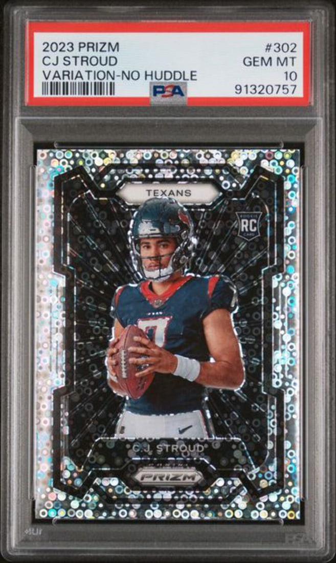 PSA 10 2023 Panini Prizm CJ Stroud No Huddle Rookie #302 Variation: PSA 10 2023 Panini Prizm CJ Stroud No Huddle Rookie #302 Variation This is a 2023 Panini Prizm CJ Stroud #302 Variation No Huddle Rookie Card, professionally authenticated and graded PSA 10 by Profess