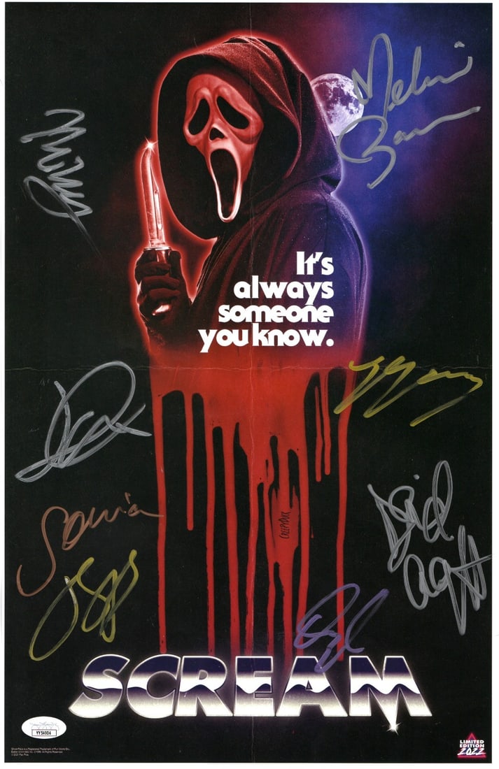 Scream 2022 Cast Autographed 11X17 Poster JSA Authenticated David Arquette Melissa Barrera Jack: Scream 2022 Cast Autographed 11X17 Poster JSA Authenticated David Arquette Melissa Barrera Jack Quaid Celebrate the horror franchise with this Scream (2022) cast signed 11x17 poster. This original pos