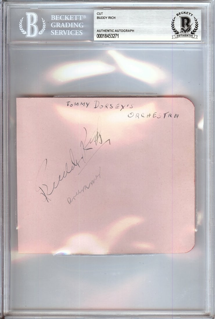 Cut Signature Card Signed by Buddy Rich Beckett Authenticated: Cut Signature Card Signed by Buddy Rich Beckett Authenticated This is an original cut signature autographed by legendary jazz drummer Buddy Rich. The signature is authenticated by Beckett Authenticati