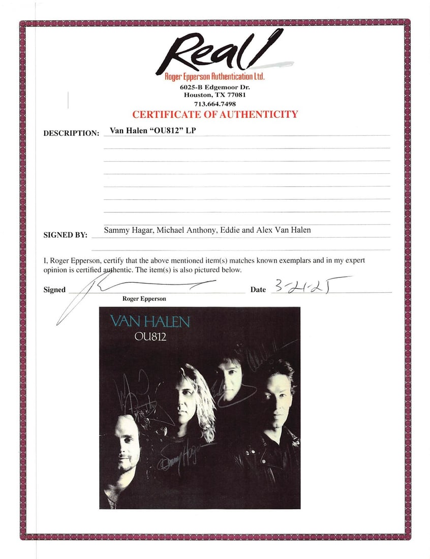 Van Halen Signed OU812 Album Cover by Eddie Alex Michael Sammy BAS AE40004 - 6