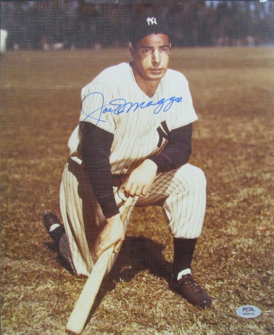 11x14 Joe DiMaggio Signed Yankees Photograph PSA DNA LOA Included: 11x14 Joe DiMaggio Signed Yankees Photograph PSA DNA LOA Included This is an original 11x14 photo featuring the legendary Joe DiMaggio, signed in blue Sharpie. The autograph is clean, bold, and presen