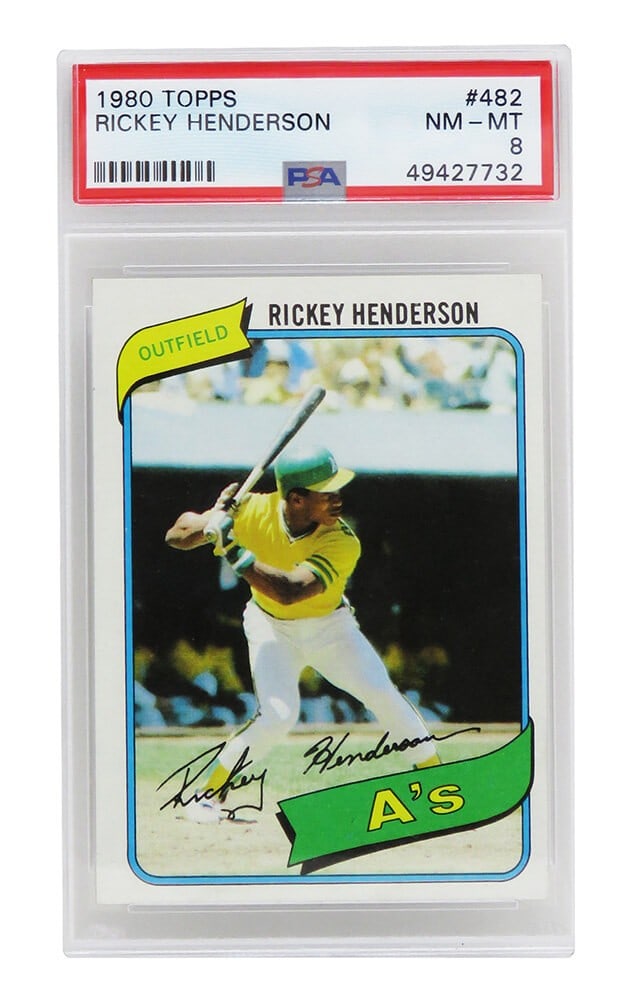 Rickey Henderson 1980 Topps #482 RC Baseball Card PSA 8: Rickey Henderson 1980 Topps #482 RC Baseball Card PSA 8 This listing features a Rickey Henderson 1980 Topps Baseball #482 Rookie Card, encapsulated and graded Near-Mint 8 by PSA. Henderson, a legendar