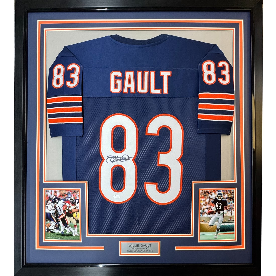 Framed Willie Gault Signed Chicago Bears Jersey with JSA COA: Framed Willie Gault Signed Chicago Bears Jersey with JSA COA This professionally framed and matted Chicago Bears jersey features the autograph of NFL legend Willie Gault. The jersey is original and co
