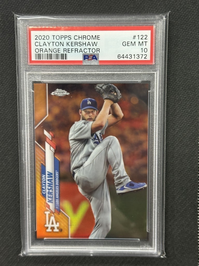 Clayton Kershaw 2020 Topps Chrome Orange Refractor PSA 10 #122 Dodgers: Clayton Kershaw 2020 Topps Chrome Orange Refractor PSA 10 #122 Dodgers This is a 2020 Topps Chrome Orange Refractor baseball card featuring Clayton Kershaw, a prominent pitcher for the Los Angeles Dod