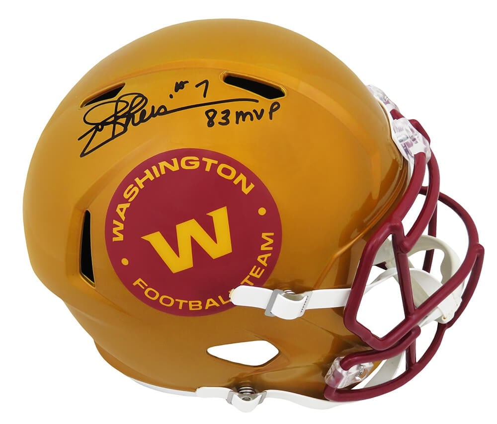 Joe Theismann Signed WFT Flash Riddell Helmet with 83 MVP Inscription COA: Joe Theismann Signed WFT Flash Riddell Helmet with 83 MVP Inscription COA Own a piece of football history with this Joe Theismann signed Washington Football Team Flash Riddell full-size Speed replica 