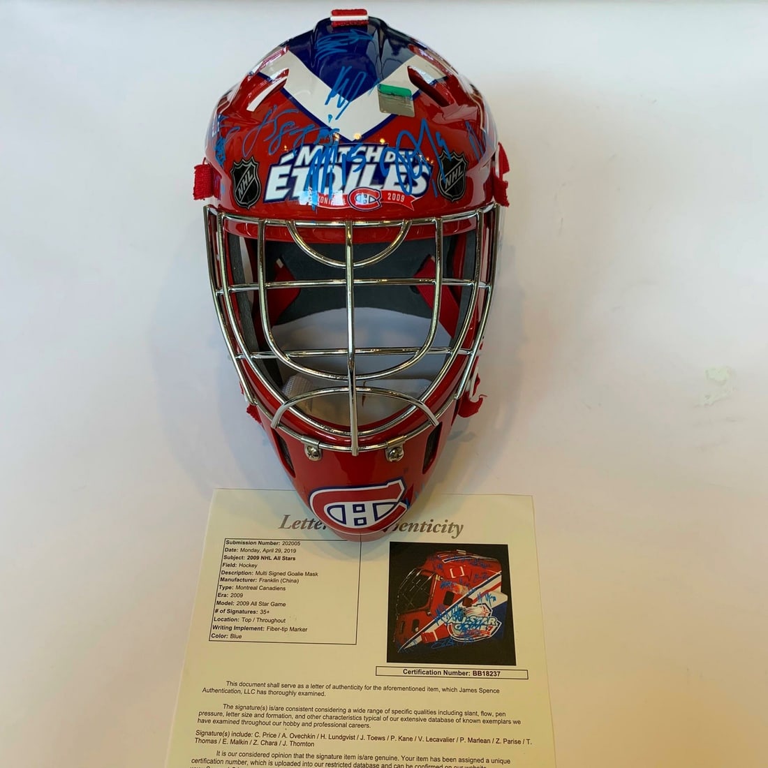 2009 NHL All-Star Game Team-Signed Goalie Mask 36 Sigs Ovechkin Malkin Lundqvist JSA COA: 2009 NHL All-Star Game Team-Signed Goalie Mask 36 Sigs Ovechkin Malkin Lundqvist JSA COA This remarkable goalie mask is a unique piece of hockey memorabilia, signed by 36 NHL stars from the 2009 All-S