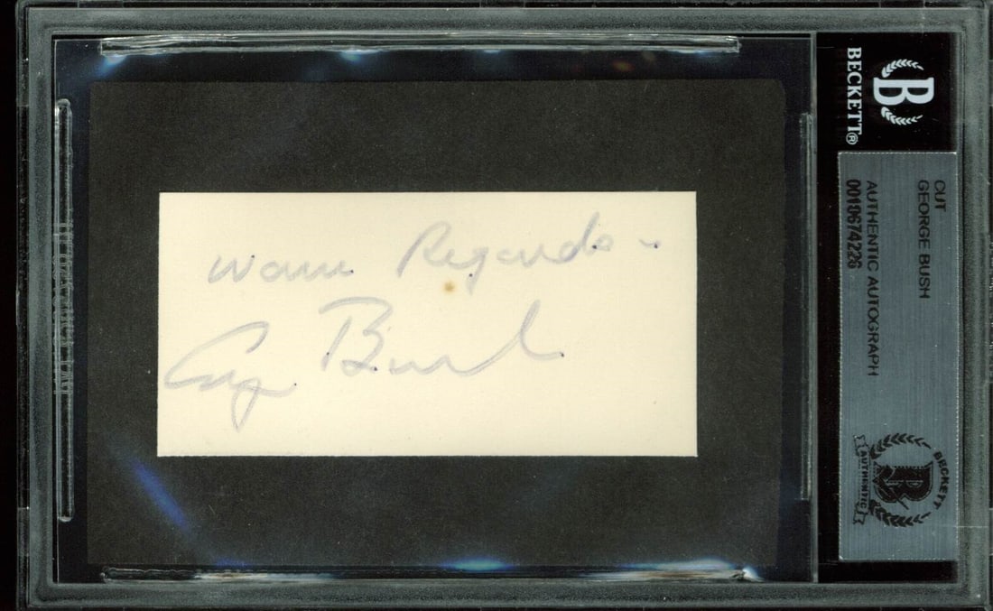 George H.W. Bush Signed Cut Signature Warm Regards BAS Authenticated 1.35x2.8: George H.W. Bush Signed Cut Signature Warm Regards BAS Authenticated 1.35x2.8 This authentic cut signature measures 1.35x2.8 inches and features the inscription "Warm Regards," personally signed by Ge