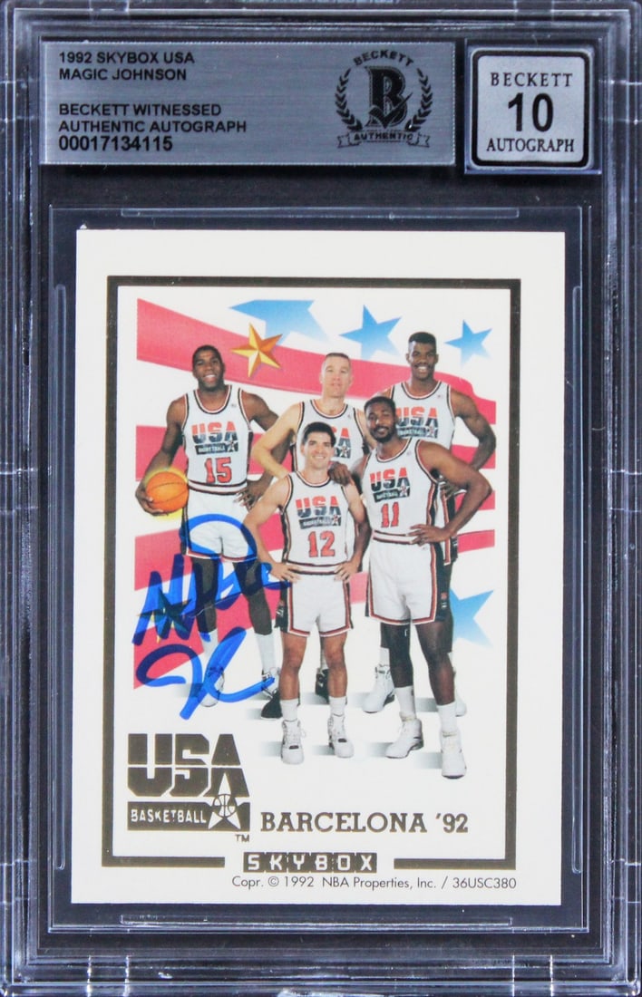 Magic Johnson Signed 1992 Skybox USA Card Gem Mint 10 BAS Authenticated: Magic Johnson Signed 1992 Skybox USA Card Gem Mint 10 BAS Authenticated This authentic 1992 Skybox USA card features the iconic Magic Johnson of the Los Angeles Lakers, personally signed by the basket