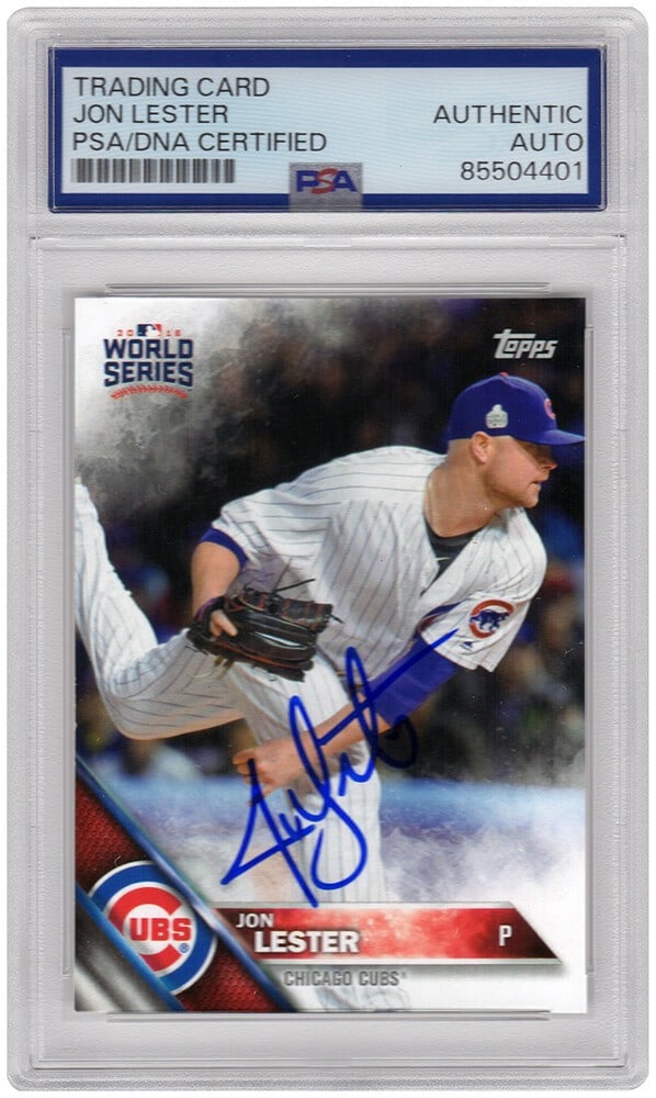 Jon Lester Signed 2016 Cubs Topps World Series Card #WS17 PSA Authenticated: Jon Lester Signed 2016 Cubs Topps World Series Card #WS17 PSA Authenticated Celebrate the Chicago Cubs' 2016 World Series victory with this signed Jon Lester baseball trading card from Topps, featurin