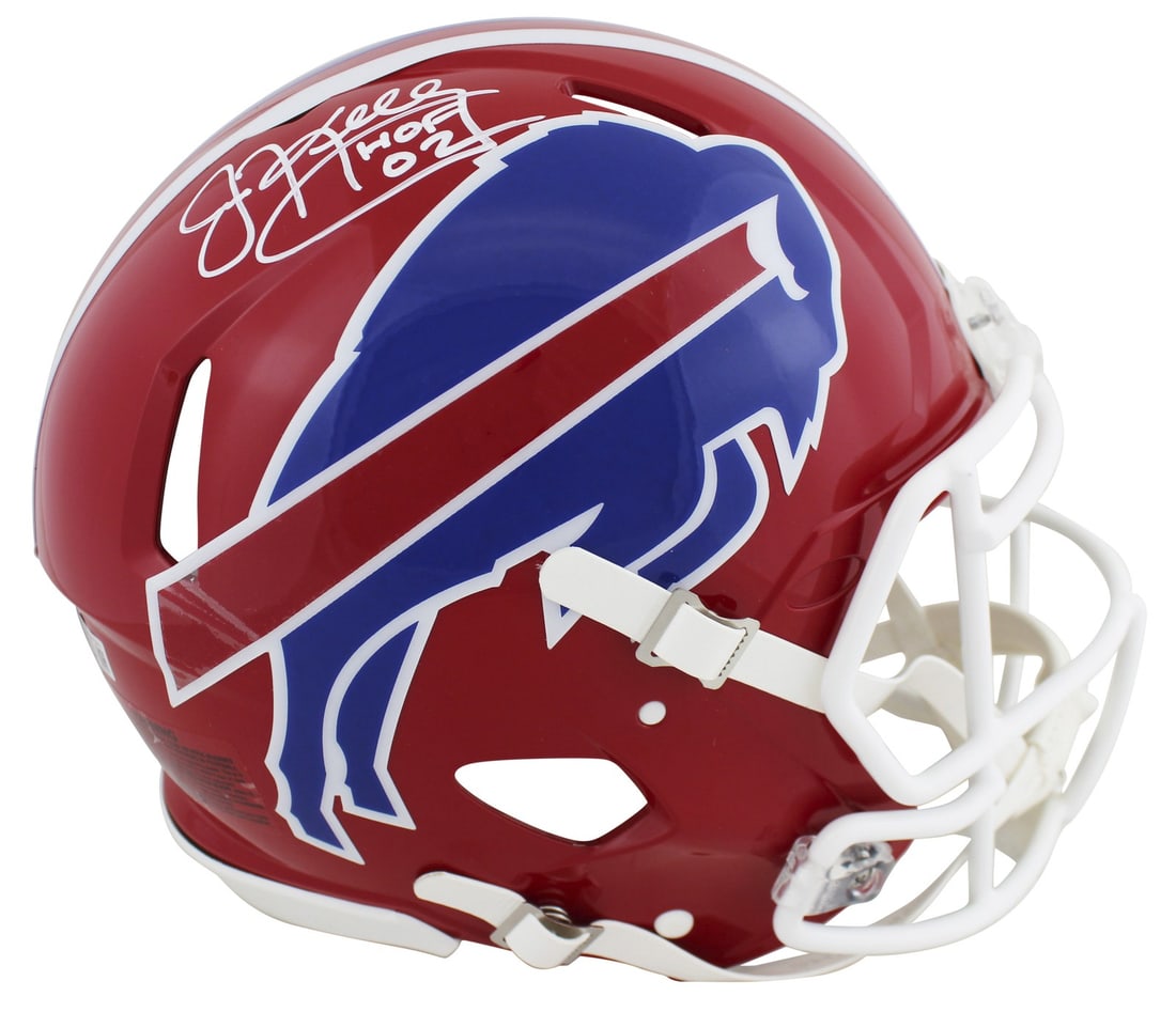 Jim Kelly Autographed Red Throwback Helmet HOF 2002 BAS Certified: Jim Kelly Autographed Red Throwback Helmet HOF 2002 BAS Certified This original Buffalo Bills full-size speed proline helmet is personally signed by Jim Kelly, featuring the inscription "HOF 2002." Th