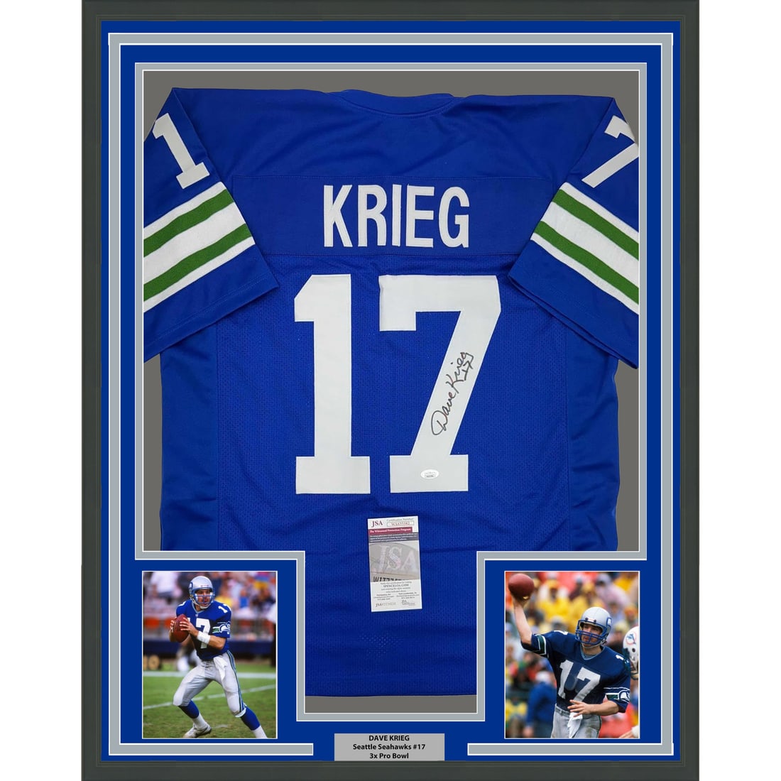 David Krieg Signed Seattle Seahawks Jersey Framed 35x39 With JSA Authentication: David Krieg Signed Seattle Seahawks Jersey Framed 35x39 With JSA Authentication This professionally framed and matted Seattle Seahawks football jersey features an authentic David Krieg autograph and i
