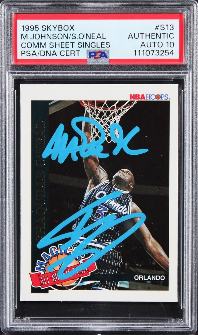 Magic Johnson Shaquille O'Neal Signed 1995 Skybox Card PSA 10 Lakers: Magic Johnson Shaquille O'Neal Signed 1995 Skybox Card PSA 10 Lakers This is a 1995 Skybox #S13 basketball card featuring the legendary Magic Johnson and Shaquille O'Neal, both personally signed. The 
