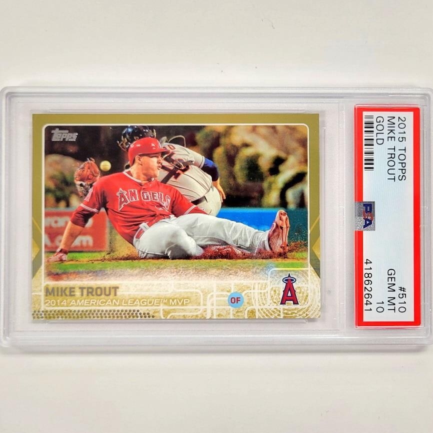 2015 Topps Mike Trout Gold #510 PSA 10 Gem Mint Baseball Card: 2015 Topps Mike Trout Gold #510 PSA 10 Gem Mint Baseball Card This is a 2015 Topps Mike Trout Gold #510 trading card, graded PSA 10 Gem Mint, making it a highly prized collectible for baseball enthusi