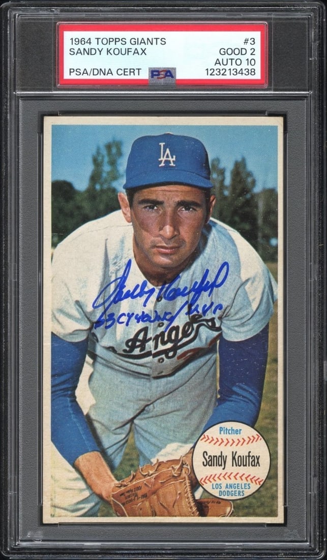 Sandy Koufax 1964 Topps Signed Inscribed 93 Cy Young MVP PSA 2 Card: Sandy Koufax 1964 Topps Signed Inscribed 93 Cy Young MVP PSA 2 Card This is a rare Sandy Koufax 1964 Topps Giants baseball card, proudly hand-signed and inscribed with '93 Cy Young/MVP.' The card, man