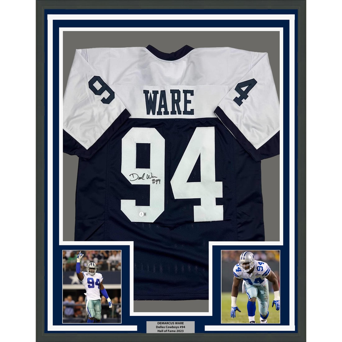 Dallas Cowboys 35x39 Framed Demarcus Ware Signed Jersey With Beckett COA: Dallas Cowboys 35x39 Framed Demarcus Ware Signed Jersey With Beckett COA This professionally framed and matted Dallas Cowboys jersey is autographed by Demarcus Ware. The display includes two 5x7 photo