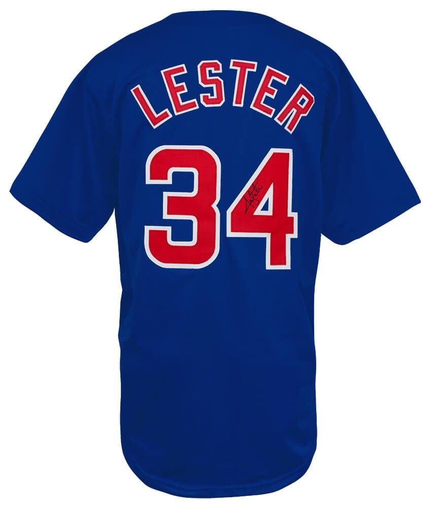 Jon Lester Signed Chicago Cubs Blue Custom Jersey with COA: Jon Lester Signed Chicago Cubs Blue Custom Jersey with COA This is a signed blue custom baseball jersey representing Jon Lester, a notable player for the Chicago Cubs. The jersey is size XL and featur