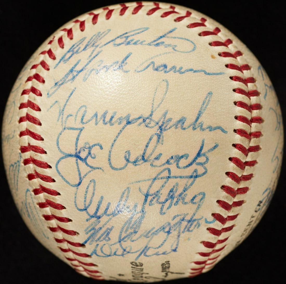 1956 Milwaukee Braves Team Signed Baseball with Hank Aaron BAS Authenticated: 1956 Milwaukee Braves Team Signed Baseball with Hank Aaron BAS Authenticated This 1956 Milwaukee Braves team-signed baseball is a remarkable collectible featuring a stunning Hank Aaron signature on th