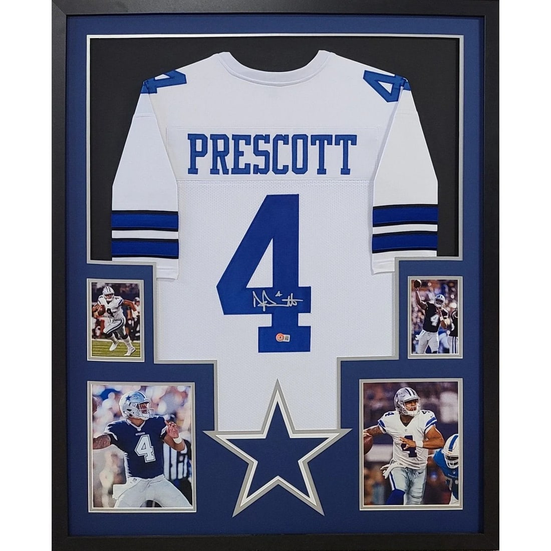 Framed Dallas Cowboys White Jersey Signed by Dak Prescott Beckett Authenticated: Framed Dallas Cowboys White Jersey Signed by Dak Prescott Beckett Authenticated This framed white Dallas Cowboys jersey is autographed by Dak Prescott and authenticated by Beckett, featuring a tamper-