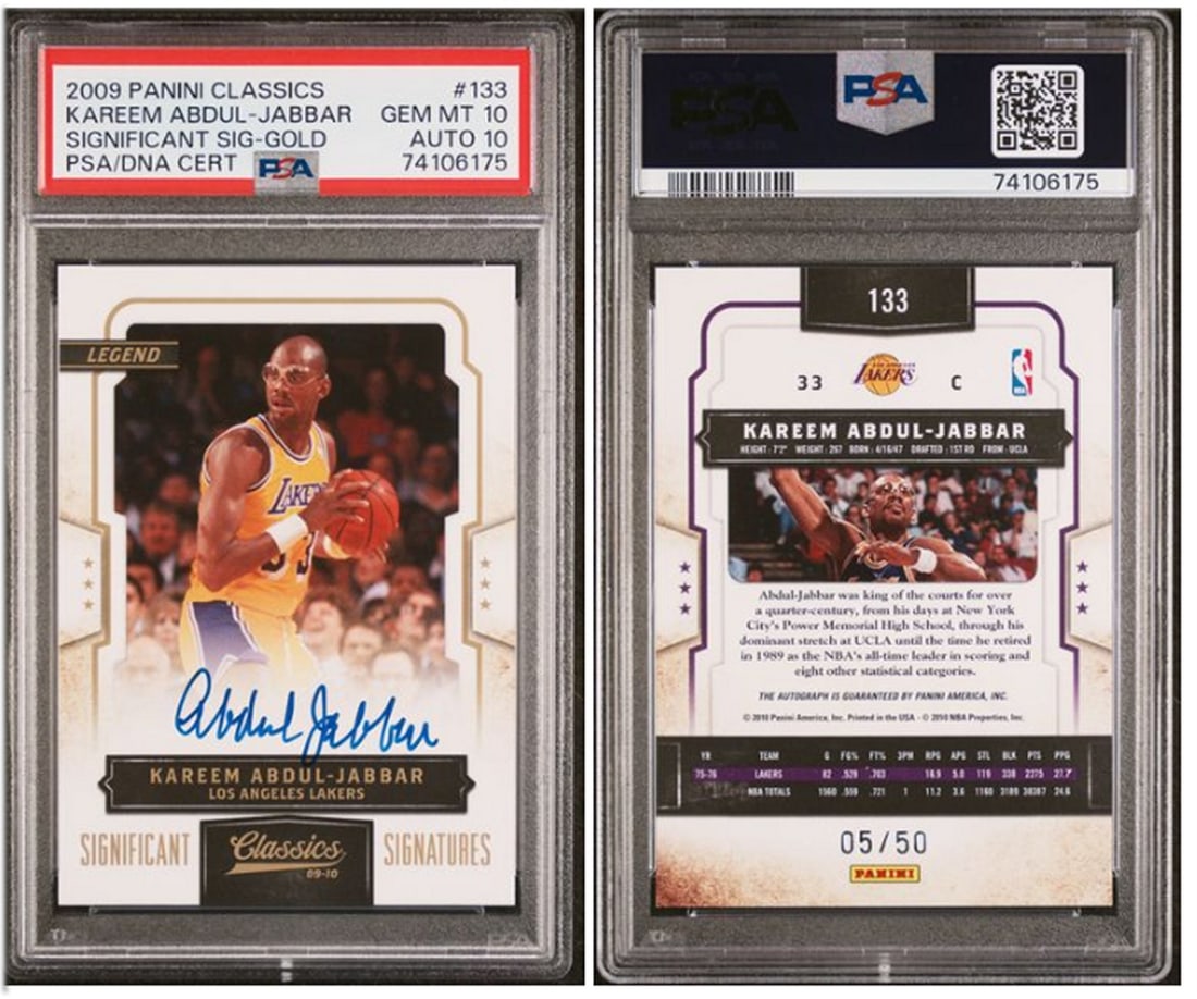 Kareem Abdul-Jabbar 2009 Panini Classics Gold Signatures 5/50 PSA 10: Kareem Abdul-Jabbar 2009 Panini Classics Gold Signatures 5/50 PSA 10 This collectible card features Kareem Abdul-Jabbar from the 2009 Panini Classics Significant Signatures Gold series. The card is a 