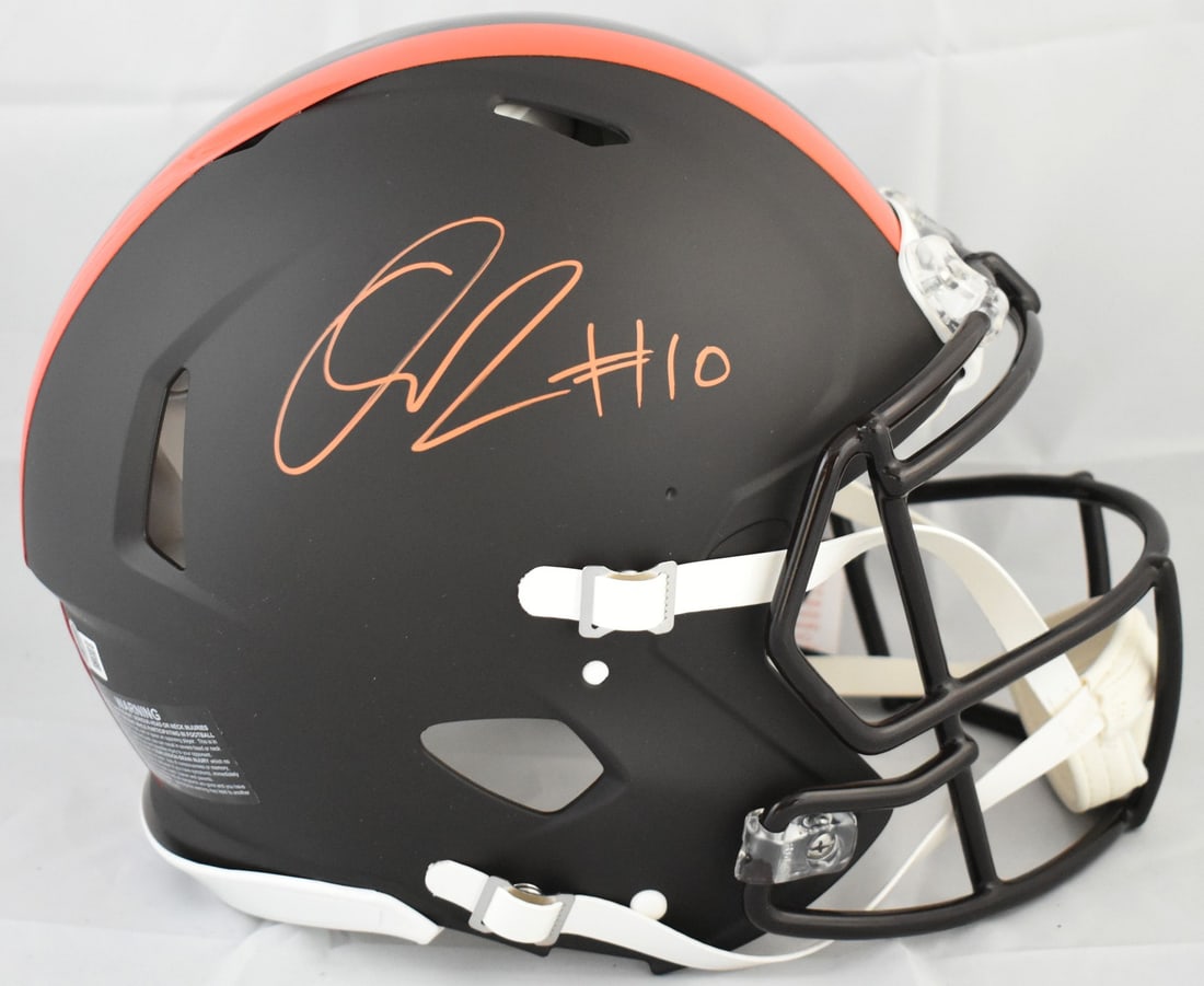 Cleveland Browns Full Size Alternate Speed Helmet Signed by Quinshon Judkins Beckett: Cleveland Browns Full Size Alternate Speed Helmet Signed by Quinshon Judkins Beckett This is a Quinshon Judkins autographed Cleveland Browns full-size alternate Speed Authentic helmet. The helmet is a