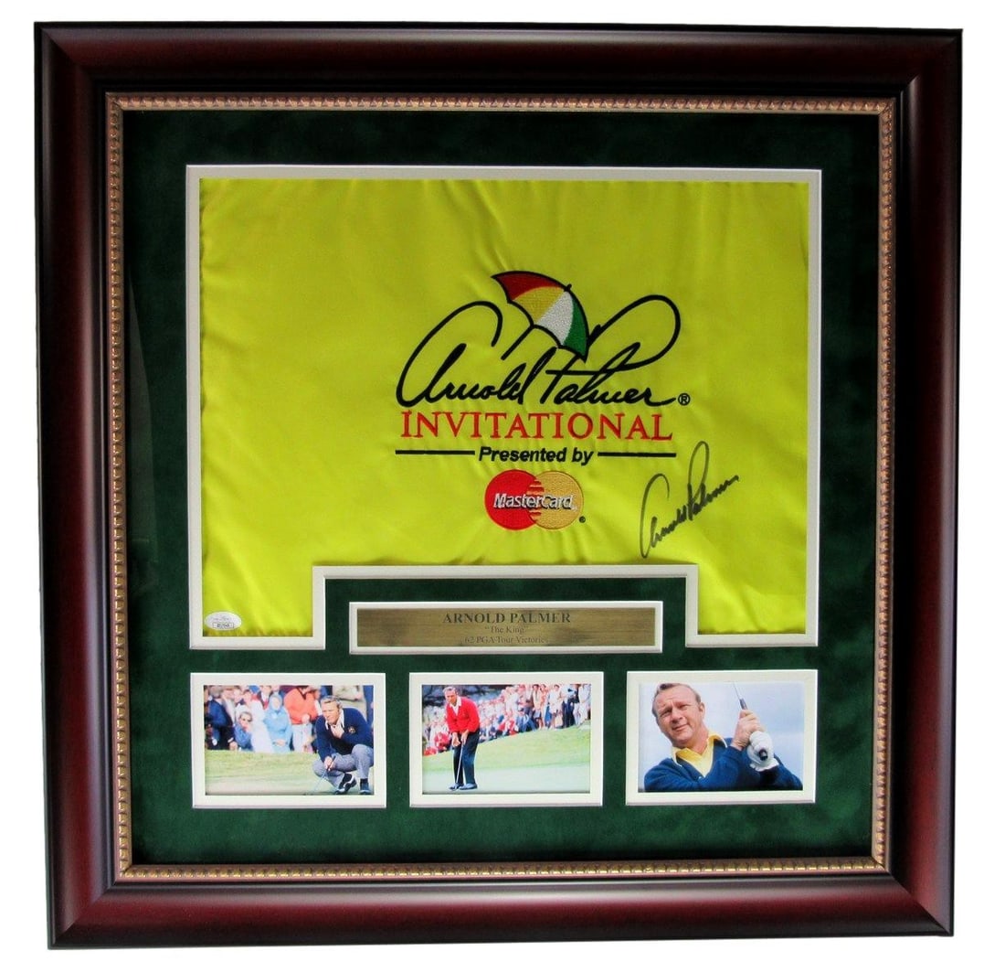 Framed Arnold Palmer Invitational Pin Flag Signed with JSA Authentication: Framed Arnold Palmer Invitational Pin Flag Signed with JSA Authentication This is an original Arnold Palmer Invitational pin flag, signed by Arnold Palmer and professionally framed under plexiglass. T