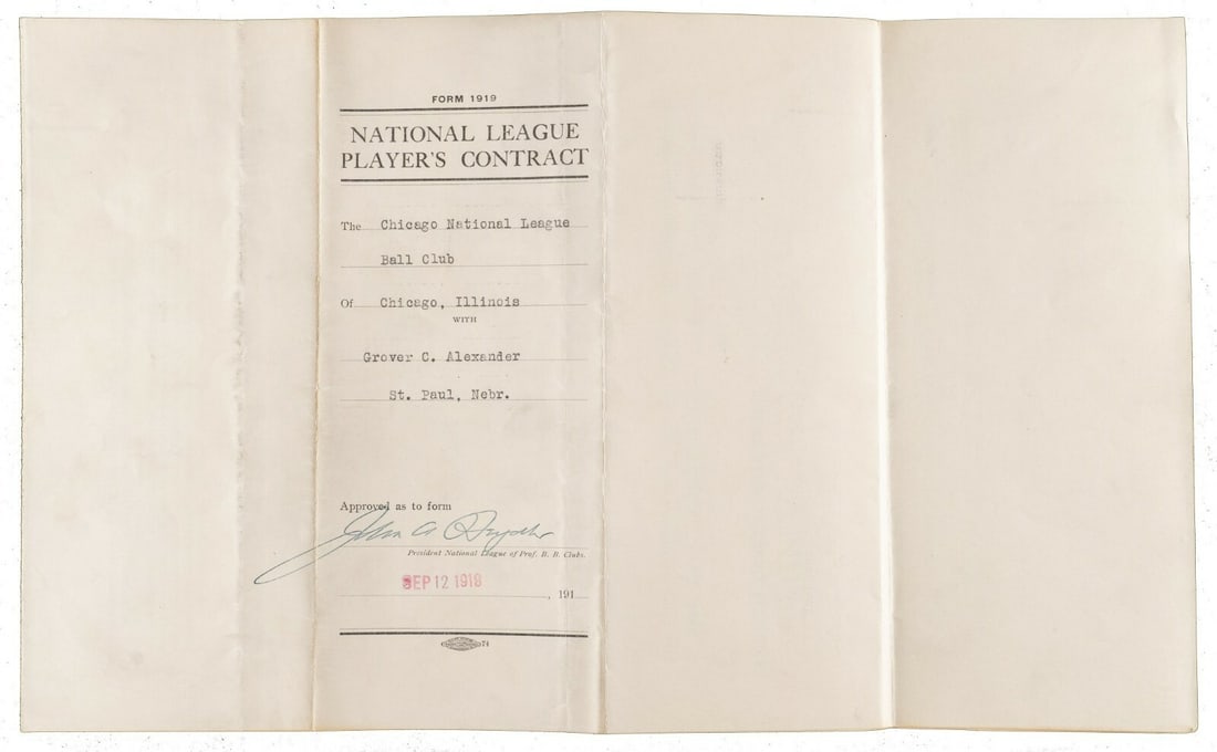 1920 Chicago Cubs Player Contract Signed by Grover Cleveland Alexander with JSA LOA: 1920 Chicago Cubs Player Contract Signed by Grover Cleveland Alexander with JSA LOA This is an original historic Chicago Cubs contract signed by Grover Cleveland Alexander, dated September 10, 1919, p