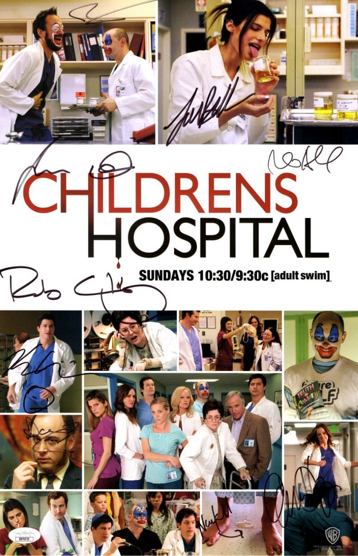 Children's Hospital Cast Autographed 11x17 Poster JSA Authenticated: Children's Hospital Cast Autographed 11x17 Poster JSA Authenticated This original 11X17 poster features the autographs of the cast from the popular show 'Children's Hospital,' including Rob Corddry, K