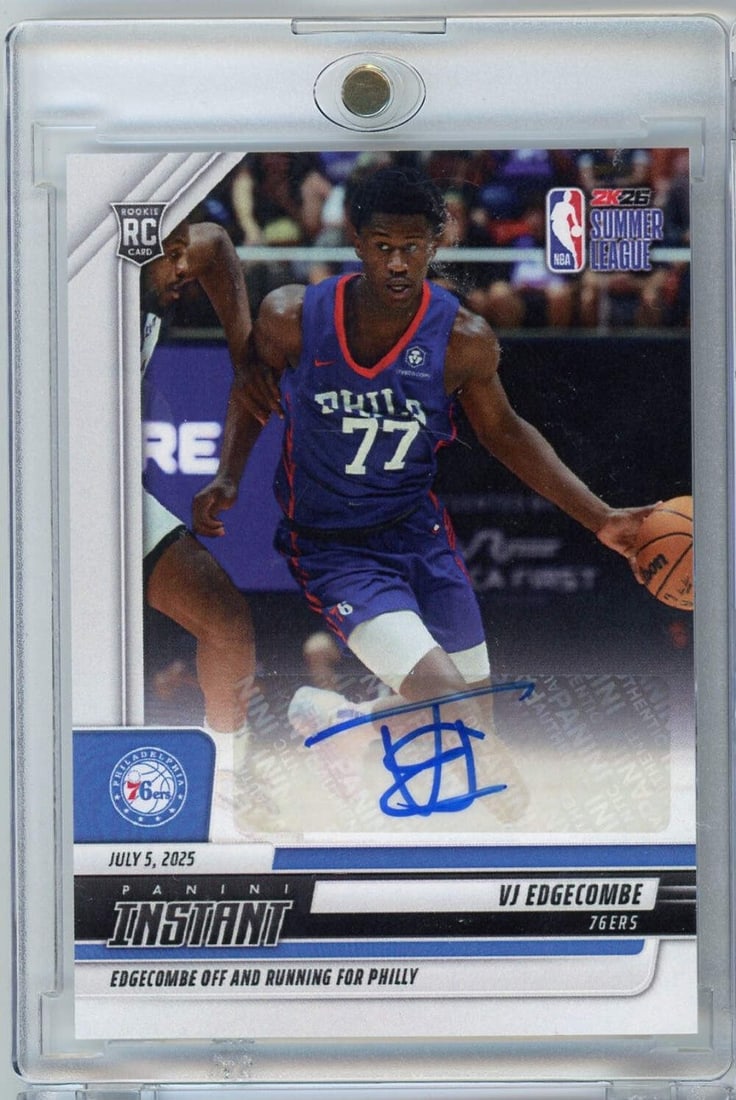 VJ Edgecombe 2025 Panini Instant Rookie Autograph Card Graded PSA 76ers: VJ Edgecombe 2025 Panini Instant Rookie Autograph Card Graded PSA 76ers This is a 2025 Panini Instant VJ Edgecombe #1 /99 Autograph Rookie RC Basketball Card, featuring VJ Edgecombe of the Philadelphi