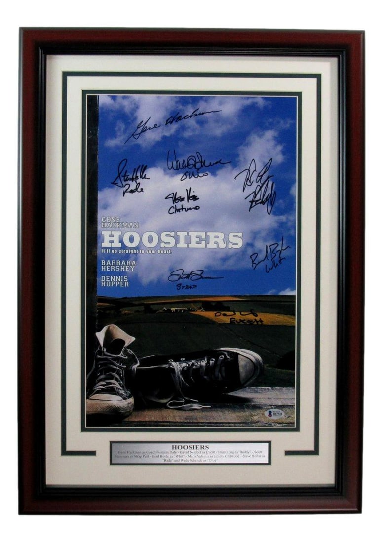 Hoosiers Signed 11x17 Movie Poster with Gene Hackman 8 Sigs Framed BAS Authenticated: Hoosiers Signed 11x17 Movie Poster with Gene Hackman 8 Sigs Framed BAS Authenticated This impressive 11x17 poster from the iconic film "Hoosiers" features the signatures of 8 cast members, including G