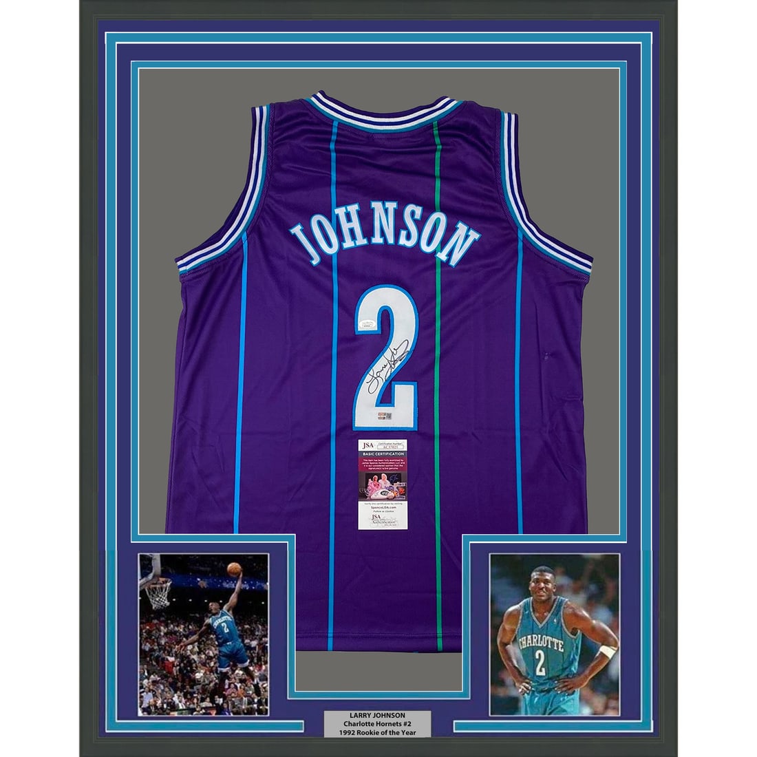 Framed Larry Johnson Autographed Jersey with Steiner COA 33x42 Charlotte Hornets: Framed Larry Johnson Autographed Jersey with Steiner COA 33x42 Charlotte Hornets Celebrate your love for basketball with this professionally framed and matted autographed Larry Johnson jersey. Measuri