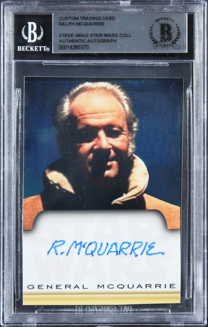 Ralph McQuarrie Signed Star Wars Custom Card Beckett Authenticated Slab: Ralph McQuarrie Signed Star Wars Custom Card Beckett Authenticated Slab This custom trading card features the authentic signature of Ralph McQuarrie from Star Wars. The card is slabbed and has been au