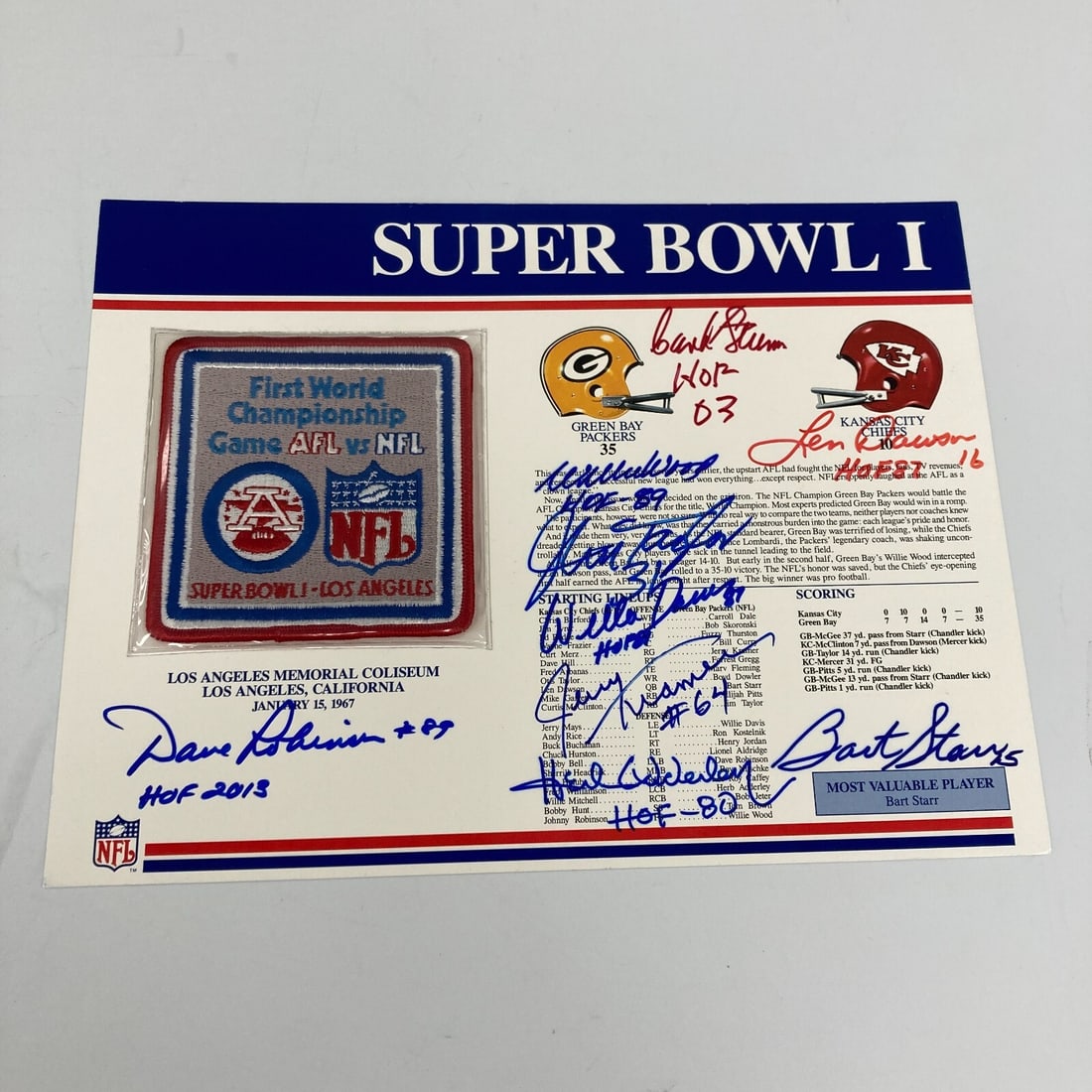 1966 Green Bay Packers Signed Commemorative Patch with JSA COA: 1966 Green Bay Packers Signed Commemorative Patch with JSA COA Celebrate the legacy of the 1966 Green Bay Packers Super Bowl I champions with this commemorative patch, signed by nine legendary players