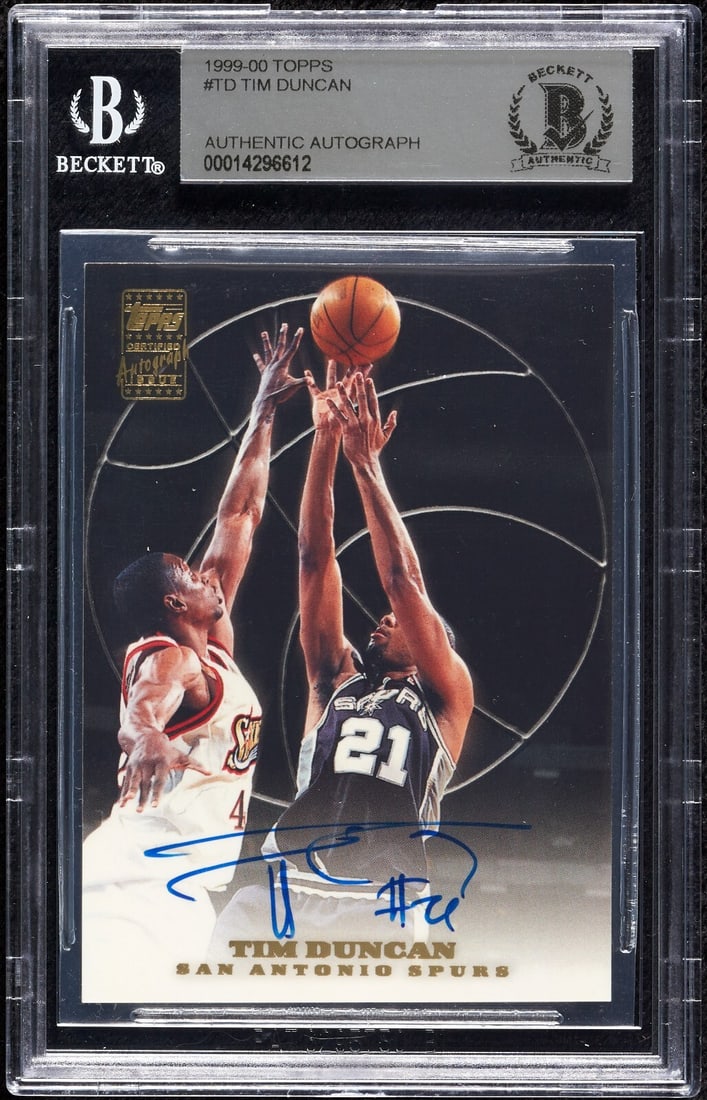 1999 Topps Tim Duncan Signed Rookie Card BGS 10 Beckett Authenticated: 1999 Topps Tim Duncan Signed Rookie Card BGS 10 Beckett Authenticated This 1999 Topps Tim Duncan Signed Auto Basketball Card #TD is a must-have for collectors and basketball enthusiasts. Featuring a p