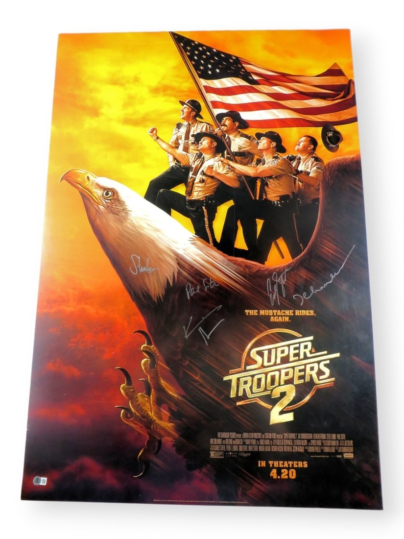 Super Troopers 2 Multi Signed Poster 27x40 by Chandrasekhar and 4 Others Beckett Authenticated: Super Troopers 2 Multi Signed Poster 27x40 by Chandrasekhar and 4 Others Beckett Authenticated This original 27x40 poster for Super Troopers 2 features multiple autographs from the cast, including Jay