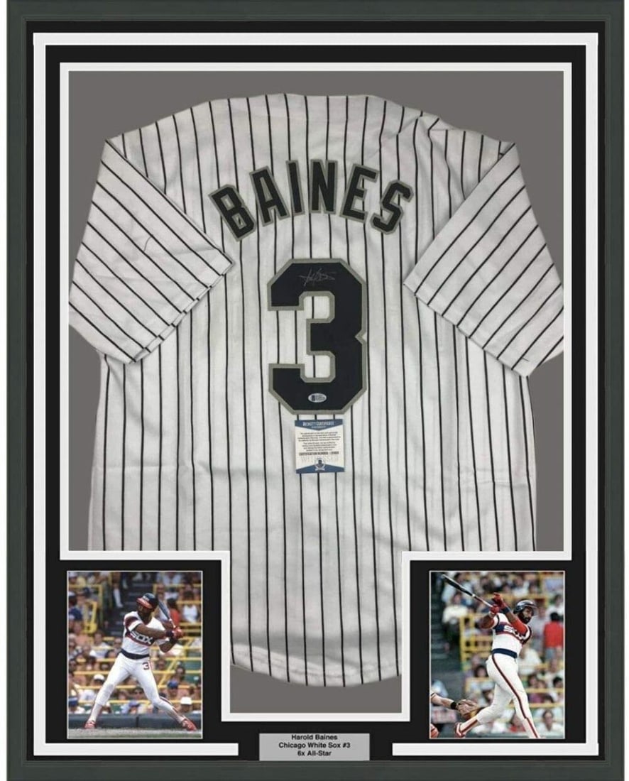 Framed Autographed Harold Baines Chicago White Sox Jersey with BAS COA: Framed Autographed Harold Baines Chicago White Sox Jersey with BAS COA This professionally framed and matted Chicago White Sox pinstripe jersey, autographed by baseball legend Harold Baines, is a must