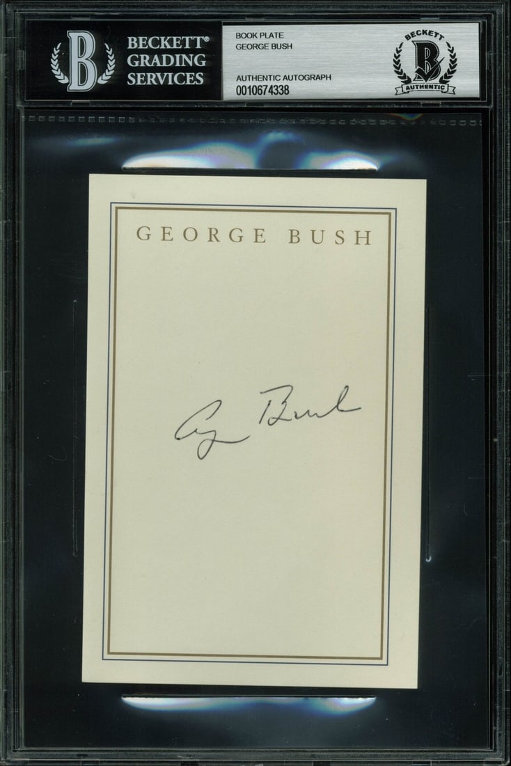 George H.W. Bush Signed 4x6 Book Plate With BAS Authentication Slab: George H.W. Bush Signed 4x6 Book Plate With BAS Authentication Slab This 4x6 book plate has been personally signed by George H.W. Bush and is authenticated and slabbed by Beckett Authentication Servic