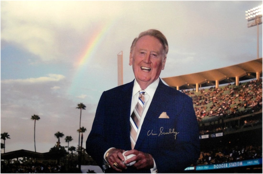 Vin Scully Signed 22x34 Canvas Lithograph Los Angeles Dodgers MLB Authenticated: Vin Scully Signed 22x34 Canvas Lithograph Los Angeles Dodgers MLB Authenticated This is an original 22" x 32" canvas featuring Vin Scully, hand signed and authenticated by MLB Authentic. The piece is 