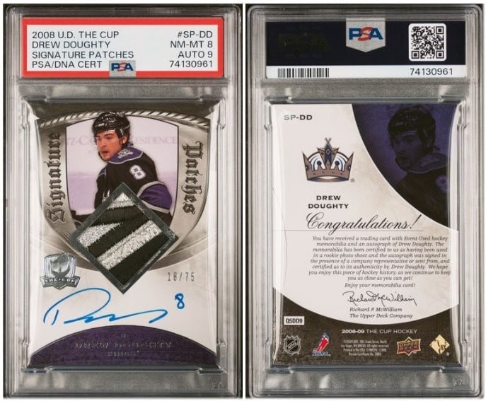 Drew Doughty 2008 UD The Cup Signature Patches PSA 8 18/75 LA Kings Hockey Card: Drew Doughty 2008 UD The Cup Signature Patches PSA 8 18/75 LA Kings Hockey Card This collectible features the Drew Doughty 2008 UD The Cup Signature Patches card, numbered 18 out of 75. Graded PSA 8, 