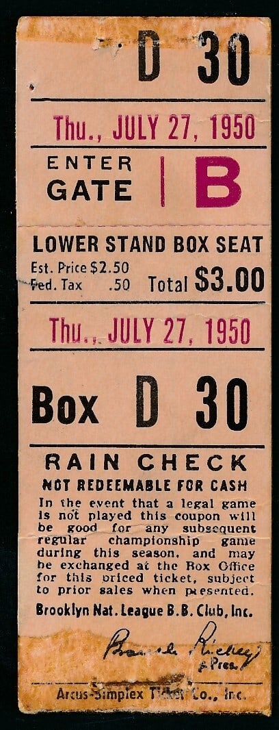 July 27 1950 Signed Full Ticket Cubs vs Dodgers Jackie Robinson MLB: July 27 1950 Signed Full Ticket Cubs vs Dodgers Jackie Robinson MLB This is an original full ticket from the historic July 27, 1950 baseball game between the Chicago Cubs and the Los Angeles Dodgers, 