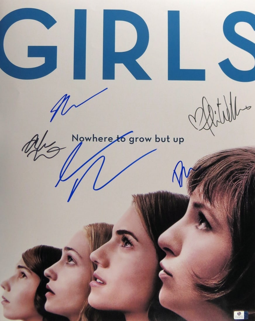 Lena Dunham Autographed 16X20 Photo Authenticated by Global Authentics: Lena Dunham Autographed 16X20 Photo Authenticated by Global Authentics This is an original 16x20 photograph autographed by Lena Dunham, featuring signatures from Dunham, Williams, Kirke, Mamat, and Dr
