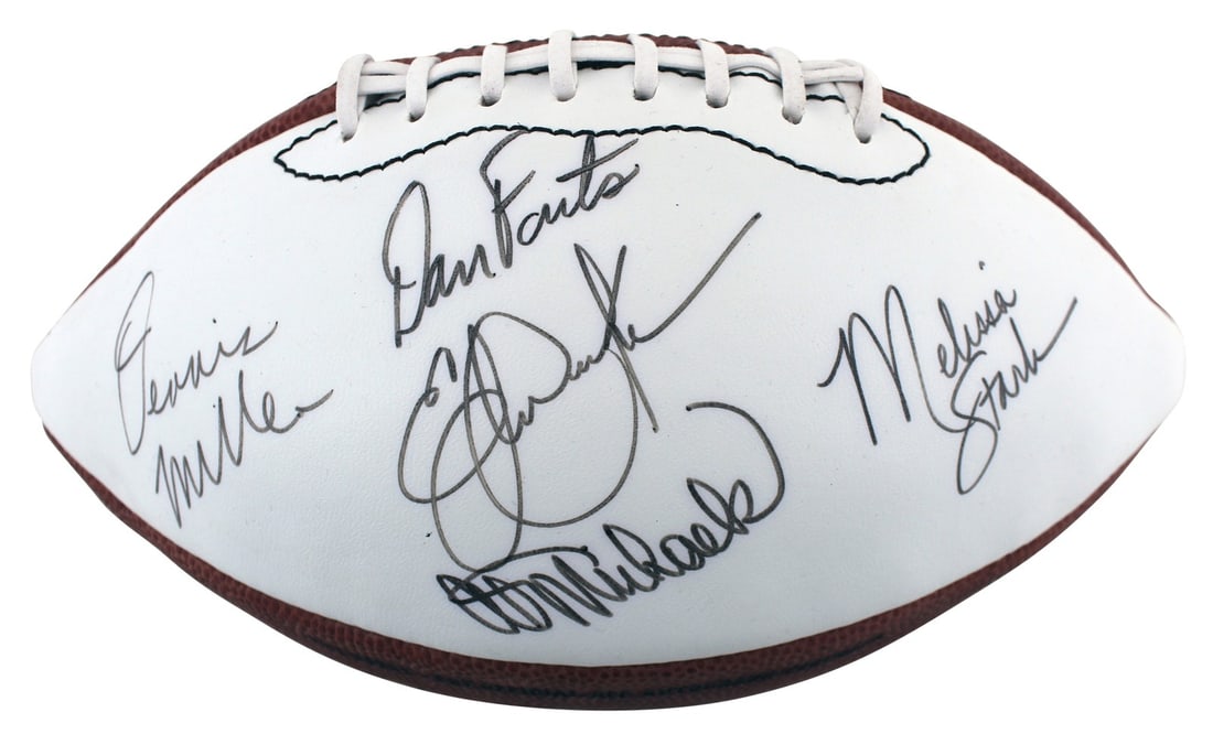 White Panel NFL Football Signed by Michaels Miller Stark Dickerson Fouts Beckett COA: White Panel NFL Football Signed by Michaels Miller Stark Dickerson Fouts Beckett COA This white panel NFL football has been autographed by Al Michaels, Dennis Miller, Melissa Stark, Eric Dickerson, an