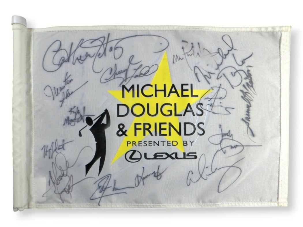 Golf Flag Signed by 14 Celebrities Including Michael Douglas PSA Authenticated: Golf Flag Signed by 14 Celebrities Including Michael Douglas PSA Authenticated This collectible golf flag features 14 authentic signatures from a variety of notable celebrities, including Michael Doug