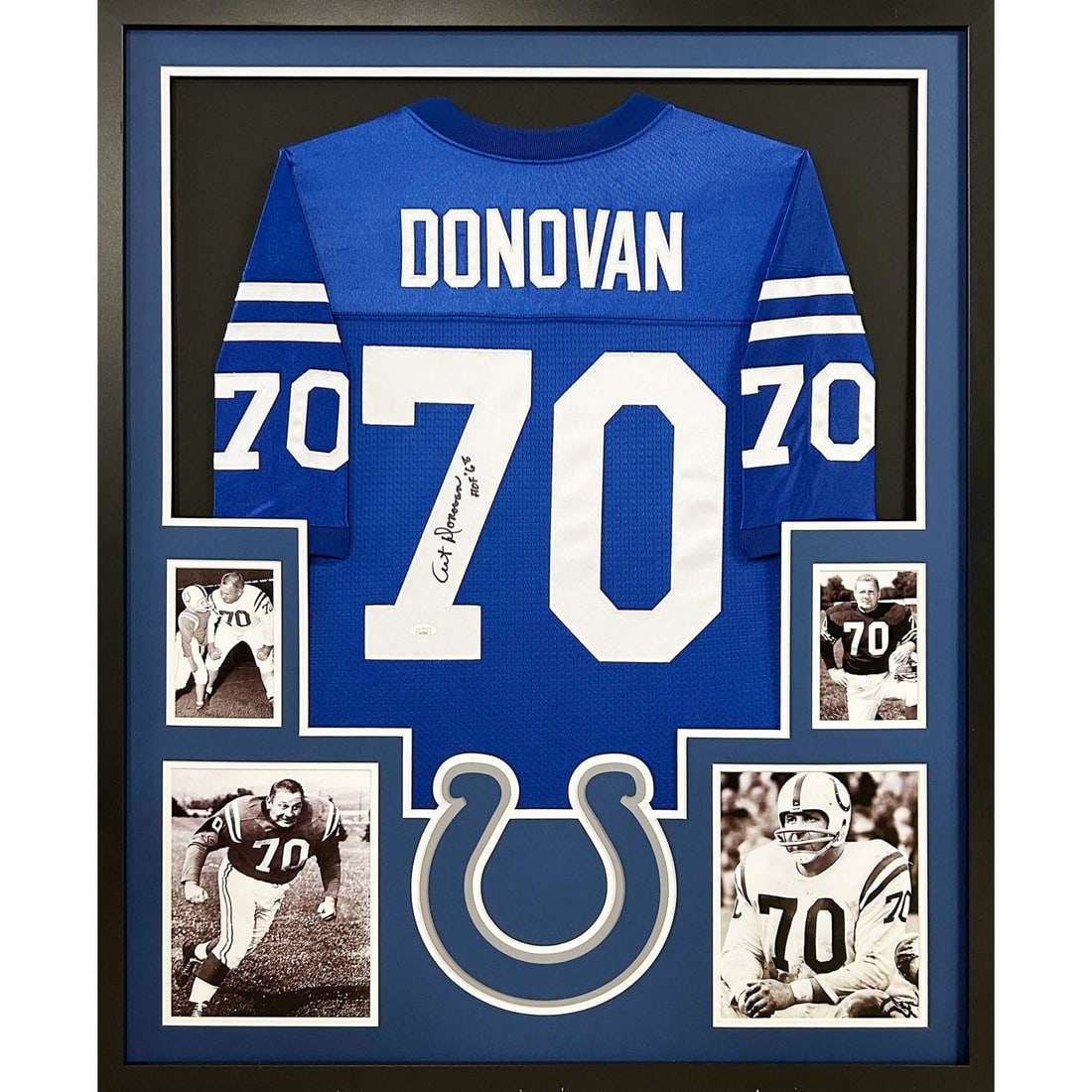 Art Donovan Signed Baltimore Colts Framed Jersey JSA Authenticated: Art Donovan Signed Baltimore Colts Framed Jersey JSA Authenticated This framed jersey features the signature of Art Donovan, a legendary player from the Baltimore Colts. Authenticated by JSA, a leadin