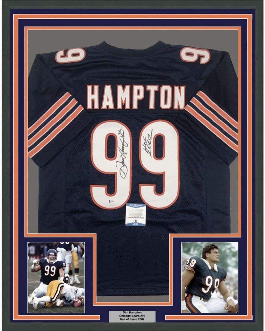 Framed Autographed Dan Hampton Jersey HOF 2002 Chicago Bears Beckett COA: Framed Autographed Dan Hampton Jersey HOF 2002 Chicago Bears Beckett COA This stunning framed autographed jersey features Dan Hampton, a Hall of Famer from the 2002 class, showcasing his legacy with t