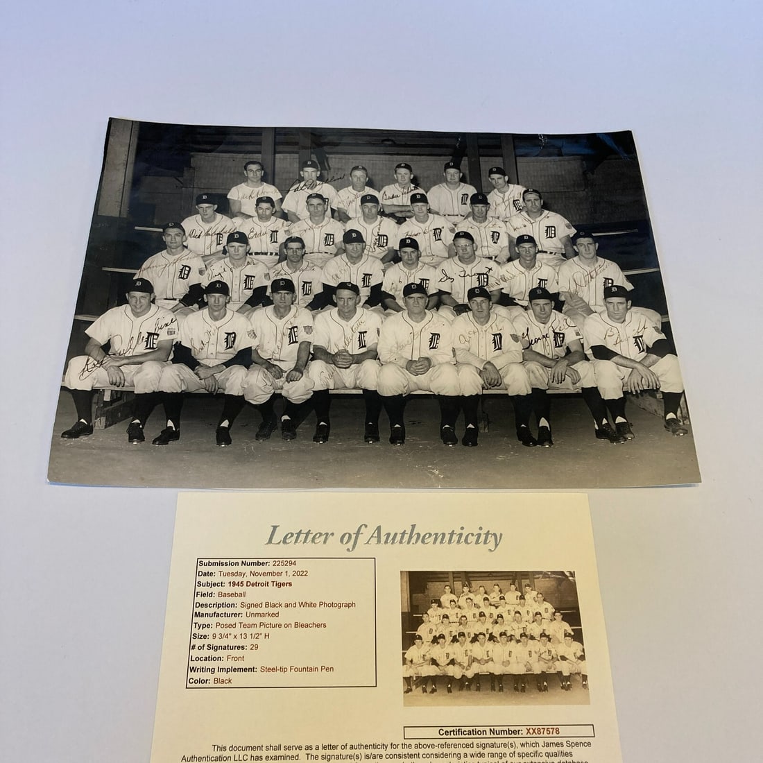 1945 Detroit Tigers Team Signed Photo with Hank Greenberg JSA COA: 1945 Detroit Tigers Team Signed Photo with Hank Greenberg JSA COA This is a striking large vintage photo commemorating the 1945 Detroit Tigers World Series Championship team. The photograph, measuring